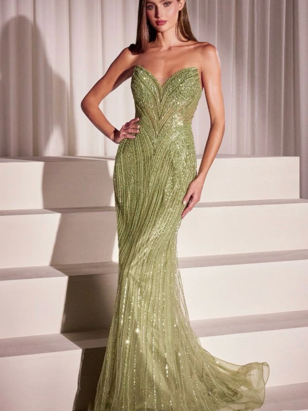 NWT The Gretchen Strapless Sequin Column Evening Dress in Light Olive